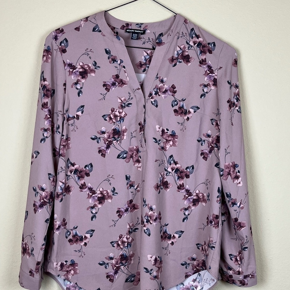 Hilary Radley V Neck Long Sleeve Mauve Floral Blouse; Size S; EUC